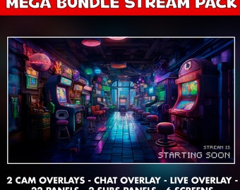 Retro Twitch overlay animated pack - Inspired 80s Videogame arcade screens stream 8bit - starting soon - Chat, live cam overlays - panel