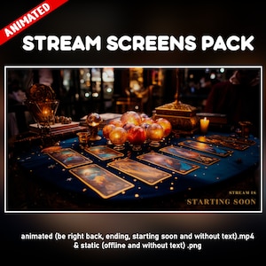 Pantallas animadas twitch pack mesa tarot cartas - Superposiciones streamers vidente - 6 pantallas - starting soon, be right back, ending