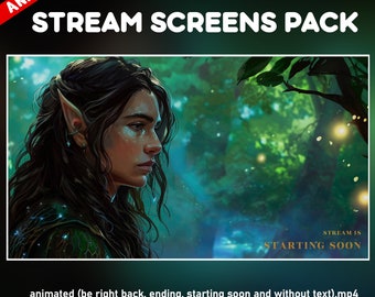 Twitch Overlay Pack Elf Woman – Forest Theme Animated Screens for Fantasy Streams - starting soon, be right back, ending