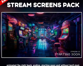 Retro Twitch overlay animated pack - Inspired 80s Videogame arcade screens stream 8bit - starting soon, be right back, ending, offline