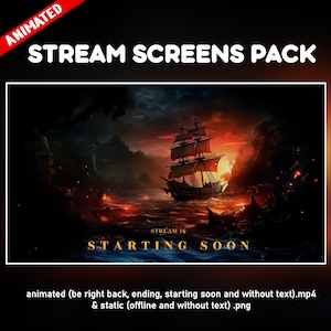 Pirate ship twitch overlay animated pack - Sailing boat fantasy background stream - screens - starting soon, be right back, ending, offline