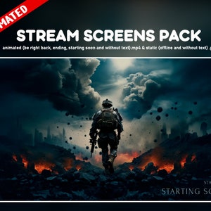 Shooter Twitch overlay animated pack - screen background cod war soldier stream - starting soon, be right back, ending and offline - looped