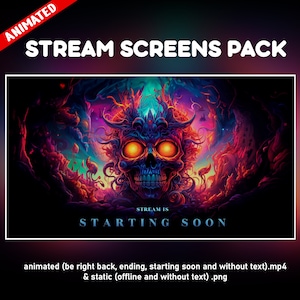 Pantallas animadas twitch pack gotico calavera psicodelica - Superposiciones stream neon pantalla -  starting soon, be right back, ending