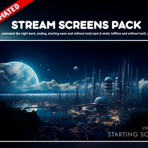 Futuristic city twitch overlay animated package -  Sci-fi screens retro futuristic - Space universe background stream - starting soon ...