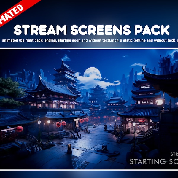 Asian Overlay twitch animated package  - Japan city at night background cozy - Stream screen anime layout - Screens, live, chat, cam, panels