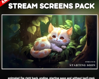 Cat forest Twitch Overlay animated pack magic animal - Jungle plants stream screens background - starting soon, be right back, ending