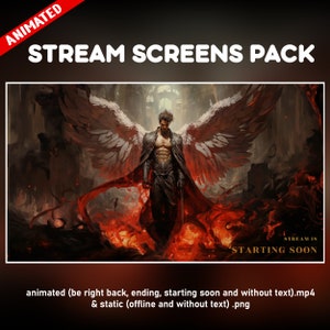 Fallen Angel twitch overlay animated pack - mythological red warrior background stream - screens - starting soon, be right back, ending
