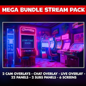 Può includere: Un pacchetto di streaming Twitch in stile retrò con luci al neon e grafica di giochi arcade. Include 2 sovrapposizioni per la telecamera, una sovrapposizione per la chat, una sovrapposizione in diretta, 22 pannelli, 2 sottopannelli e 6 schermi. Il testo "GUMORE" e "STARTING SOON" è visualizzato sullo schermo.
