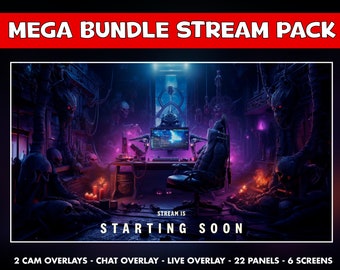 May include: A digital illustration of a dark, gothic-themed gaming setup with a gamer chair, a computer monitor, and a desk. The text "STREAM IS STARTING SOON" is displayed on the screen. The image is part of a "MEGA BUNDLE STREAM PACK" that includes 2 cam overlays, a chat overlay, a live overlay, 22 panels, and 6 screens.