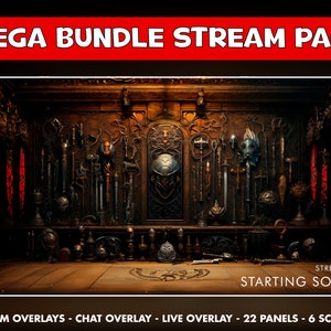 May include: A dark fantasy themed Twitch stream pack with 22 panels, 6 screens, 2 cam overlays, a chat overlay, and a live overlay. The stream pack features a dark, ornate room with a wooden floor and a wall of weapons and armour. The text "STREAM IS STARTING SOON" is displayed at the bottom of the image.