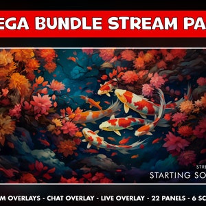 Koi fish Twitch overlay pacchetto animato - Sovrapposizioni per streamer Lotus - 6 schermate - Chat, sovrapposizioni live cam - 22 pannelli