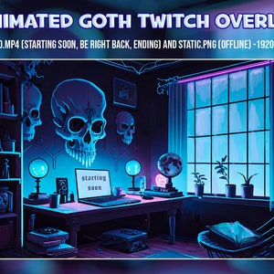 Puede incluir: Una superposición de Twitch con temática gótica con un esquema de color azul oscuro y morado. La superposición presenta un escritorio con una computadora portátil, una calavera y un globo terráqueo. El texto "starting soon" se muestra en la pantalla de la computadora portátil.
