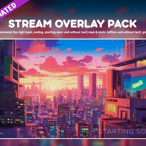Puede incluir: Un paquete de superposición de transmisión animada con una vista de la ciudad al atardecer. La imagen incluye el texto "STREAM OVERLAY PACK" y "STREAM IS STARTING SOON". Disponible en formatos .mp4 y .png.