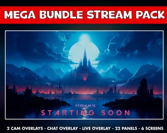 May include: A digital illustration of a dark castle with a full moon in the background. The text "STREAM IS STARTING SOON" is displayed in pink and white on a black background. The text "2 CAM OVERLAYS - CHAT OVERLAY - LIVE OVERLAY - 22 PANELS - 6 SCREENS" is displayed in white on a black background.