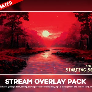 Puede incluir: Paquete de superposición de transmisión animada con un paisaje de puesta de sol rojo que incluye un río, árboles y el texto "STREAM IS STARTING SOON".