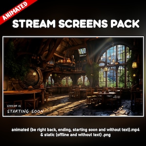 Cozy medieval tavern twitch overlay animated pack - medieval d&d cute background stream - starting soon, be right back, ending, offline