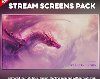 Dragon female twitch overlay animated pack - mythological fantasy pink background stream - screens - starting soon, be right back, ending