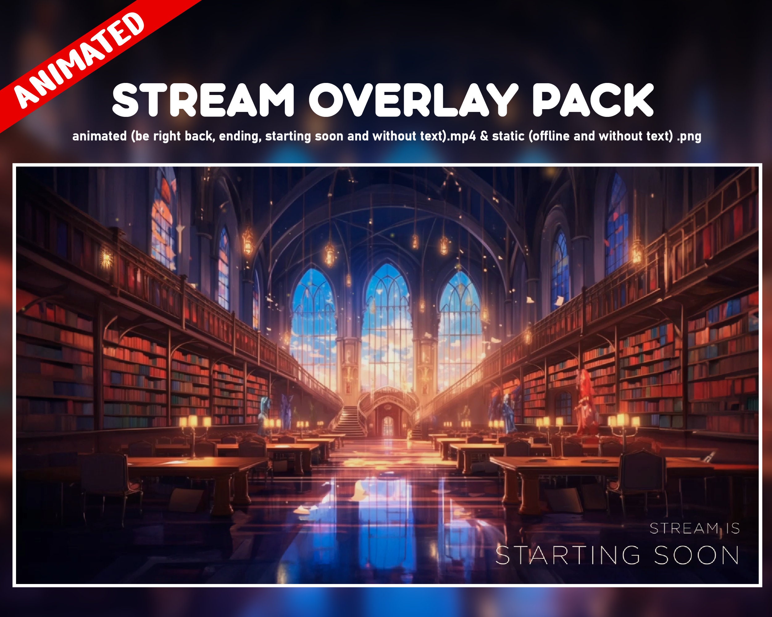 Magic Library twitch overlay animated package - Anime style screens perfect for your stream -Books Looped Background