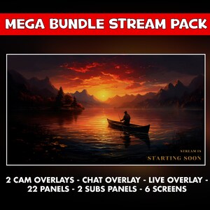 Könnte beinhalten: Eine digitale Illustration eines Sonnenuntergangs über einem See mit Bergen im Hintergrund. Eine Person befindet sich in einem Boot auf dem See. Der Text "STREAM IS STARTING SOON" befindet sich am unteren Rand des Bildes. Der Text "2 CAM OVERLAYS - CHAT OVERLAY - LIVE OVERLAY - 22 PANELS - 2 SUBS PANELS - 6 SCREENS" befindet sich am unteren Rand des Bildes.