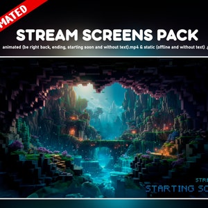 May include: Animated stream screens pack with a pixelated landscape featuring a cave, waterfalls, and a bridge. The text "STREAM IS STARTING SOON" is displayed in a blue box at the bottom of the image.