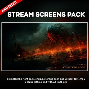 Cthulhu twitch overlay animated package - Cthulhu background stream mythological creature Kraken - starting soon, be right back, ending