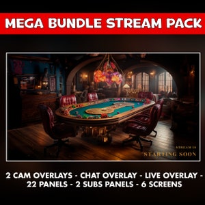 May include: A large bundle of streaming overlays for Twitch or YouTube. The overlays are designed in a dark, fantasy style with a green felt table, red chairs, and a chandelier with purple and gold accents. The text "STREAM IS STARTING SOON" is displayed at the bottom of the image.