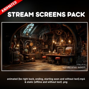 Puede incluir: Un paquete de pantallas de transmisión animadas con temática steampunk y un ambiente industrial oscuro. La imagen muestra una habitación con tuberías expuestas, engranajes y luces. El texto "Stream is Starting Soon" se muestra en la esquina inferior derecha.