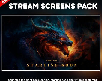 Schermate animate per Twitch Dragon Fantasy Blue - Sovrapposizioni streaming schermata di fuoco della battaglia - a breve, torno subito, fine