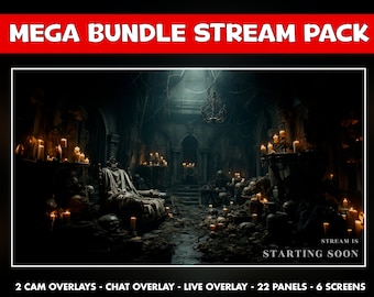 May include: A dark, gothic-themed stream pack with a throne, skulls, and candles. The text "STREAM IS STARTING SOON" is displayed at the bottom of the image. This pack includes 2 cam overlays, a chat overlay, a live overlay, 22 panels, and 6 screens.