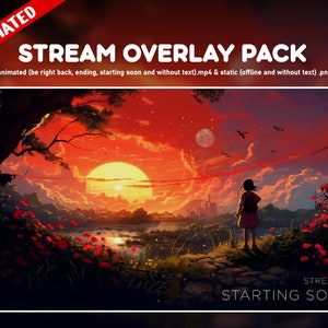 Pode incluir: Pacote de sobreposição de stream animado com uma cena de pôr do sol que apresenta uma menina em pé em uma colina com vista para um rio e uma cidade à distância. O texto "STREAM IS STARTING SOON" é exibido na parte inferior da imagem.