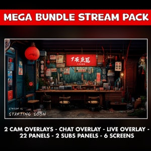 Ramen shop twitch overlay animated pack - asian japanese cozy stream background screens Vtuber - Chat, live and cam overlays - panels
