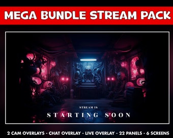 Goth twitch overlay animated - Gamer pink neon skull horror room alien screens for stream - starting soon, be right back, ending and offline