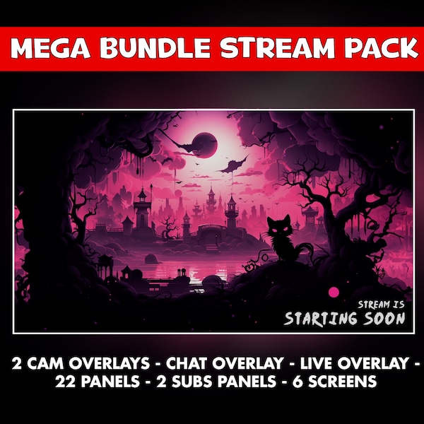 Goth twitch overlay animated pack - Spooky black cat girl screens pink stream horror dark - 6 screens - Chat, live and cam overlays, panels