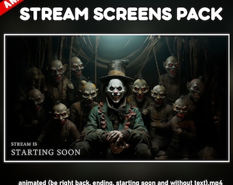 Horror circus twitch overlay animated - terror clown gothic spooky screens for stream - starting soon , be right back , ending and offline