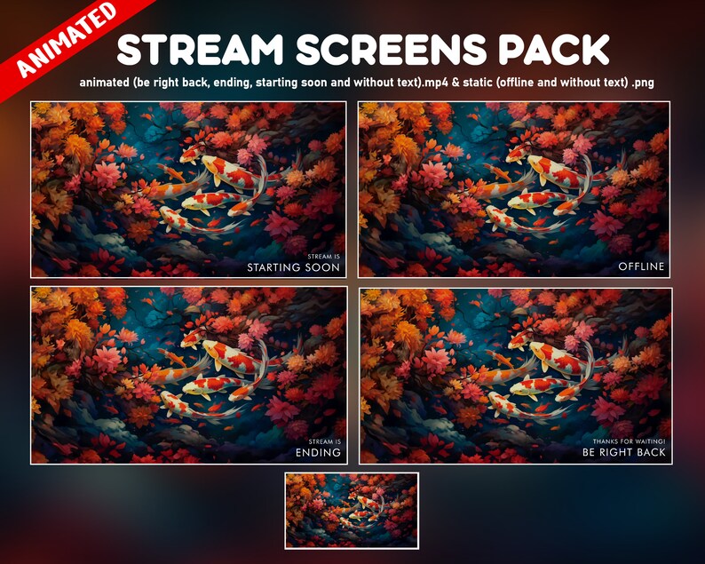 Stream Offline Screen Fish Koi Fish Twitch Overlay Animated Pack - Lotus Flowers Background Cozy ...