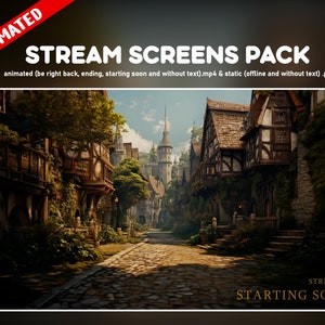 Cozy medieval twitch overlay animated pack - medieval village cute background stream - starting soon, be right back, ending and offline