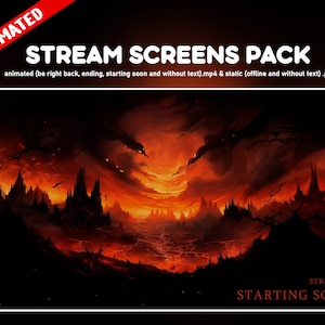 Puede incluir: Paquete de pantallas de transmisión animadas con un paisaje de fuego y el texto "STREAM IS STARTING SOON".