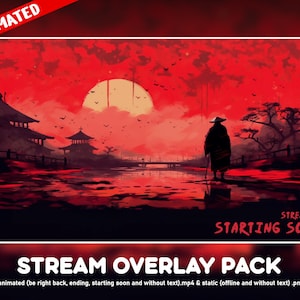 RED Twitch overlay animated package - Samurai dark landscape - Japan city overlay stream background - Vtuber animated screen anime layout