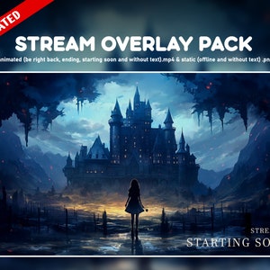 Goth twitch overlay animated package - Anime girl dark screens perfect for your stream -Blue landscape castle Looped Background