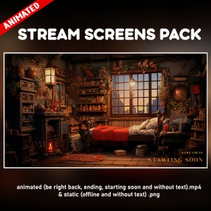 Puede incluir: Paquete de pantallas de transmisión animadas con una habitación acogedora con una cama, una chimenea y una ventana con vista a la ciudad. El texto "STREAM IS STARTING SOON" se muestra en la pantalla.