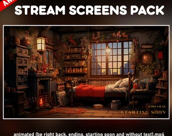 Cozy bedroom twitch overlay animated pack - room anime style japanese background stream - Starting soon, be right back, ending, offline