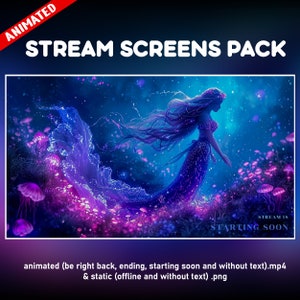 May include: Animated stream screen pack featuring a mermaid with flowing blue hair and a purple tail, swimming in a field of glowing jellyfish. The text "STREAM IS STARTING SOON" is displayed in the bottom right corner.