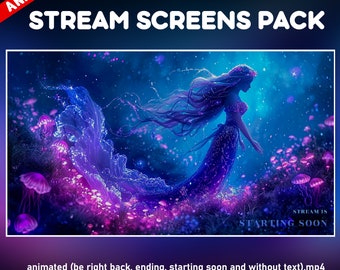 Siren fantasy twitch overlay animated pack - mystical underwater background stream - Starting soon, be right back, ending, offline