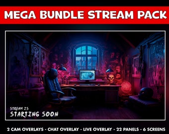 May include: A dark, gothic-themed streaming setup with a gaming chair, a computer monitor, and a desk. The room is decorated with skulls, vines, and other spooky elements. The text "STREAM IS STARTING SOON" is displayed at the bottom of the image.
