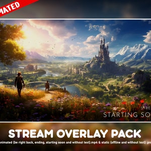 Puede incluir: Paquete de superposición de transmisión animada con un paisaje de fantasía que presenta un castillo, montañas y un río. El texto "STREAM IS STARTING SOON" se muestra en la esquina inferior derecha de la imagen.
