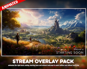 Pack ANIMÉ pour twitch paysage château nature anime - Superpositions pour streamers - 3 écrans animés et 1 statique