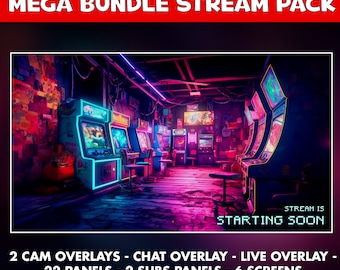 Retro Twitch overlay animated pack - Inspired 80s Videogame arcade screen stream 8bit - starting soon - Chat, subs live cam overlays - panel