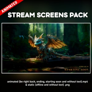 Dragon twitch overlay animated pack - mythological fantasy forest nature background stream - screens - starting soon, be right back, ending