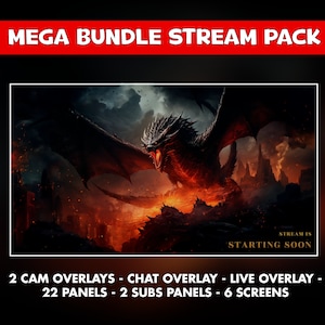 Dragon battle twitch overlay animated pack - mythological fantasy fire background stream - screens - Chat, live and cam overlays - panels