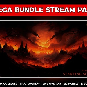 Puede incluir: Una ilustración digital de un paisaje de fuego con un castillo oscuro en el fondo. El texto "STREAM IS STARTING SOON" está en la parte inferior de la imagen. El texto "2 CAM OVERLAYS - CHAT OVERLAY - LIVE OVERLAY - 22 PANELS - 6 SCREENS" está en la parte inferior de la imagen.
